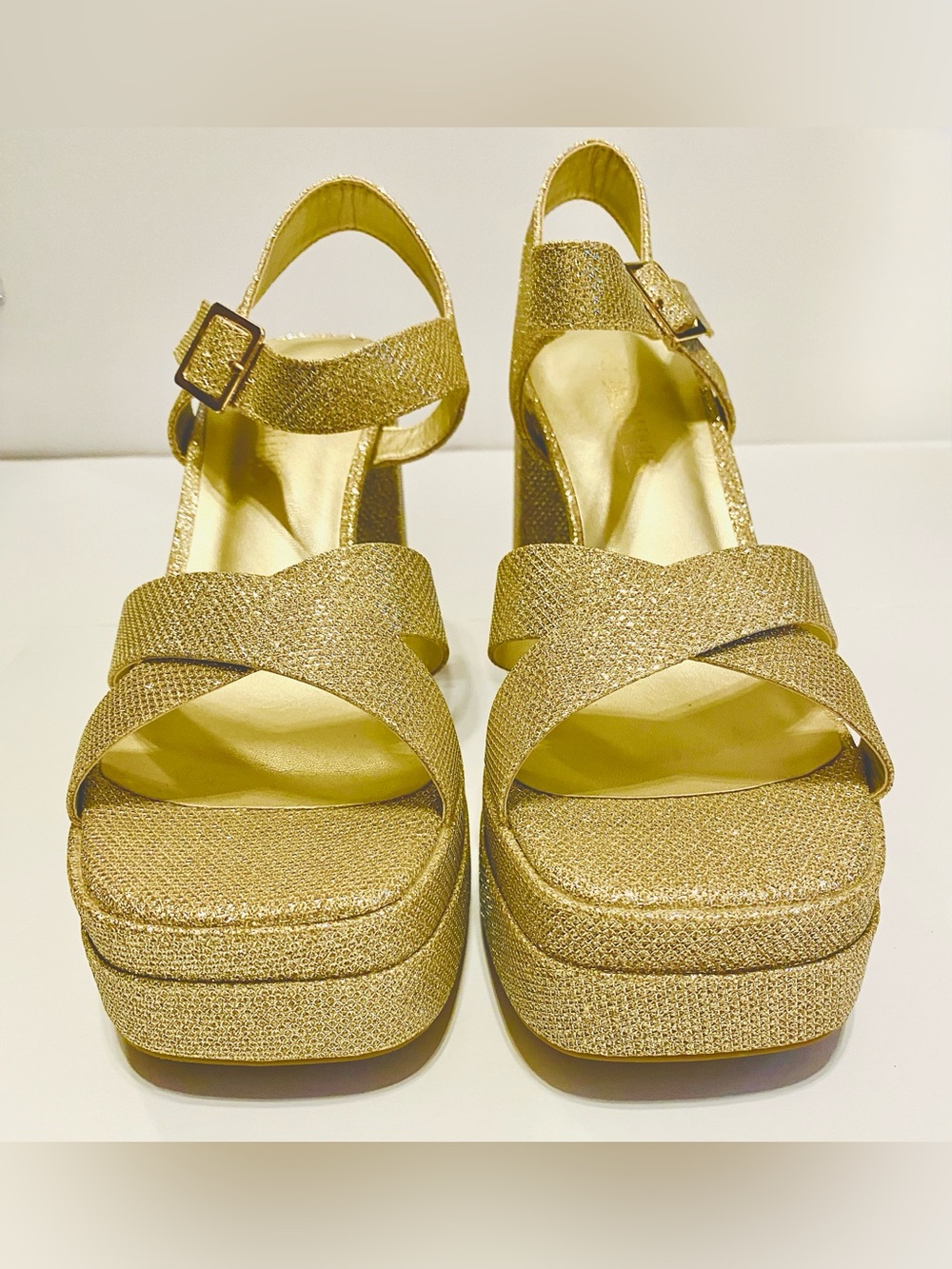 DREAM PAIRS-Size 9-Sparkle Gold Peep Toe Platform Ankle Strap Chunky Heels, NEW